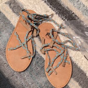 Trary Tan and Blue Braided Sandals